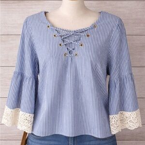 Zara Blue White Striped Lace Up Boho Blouse